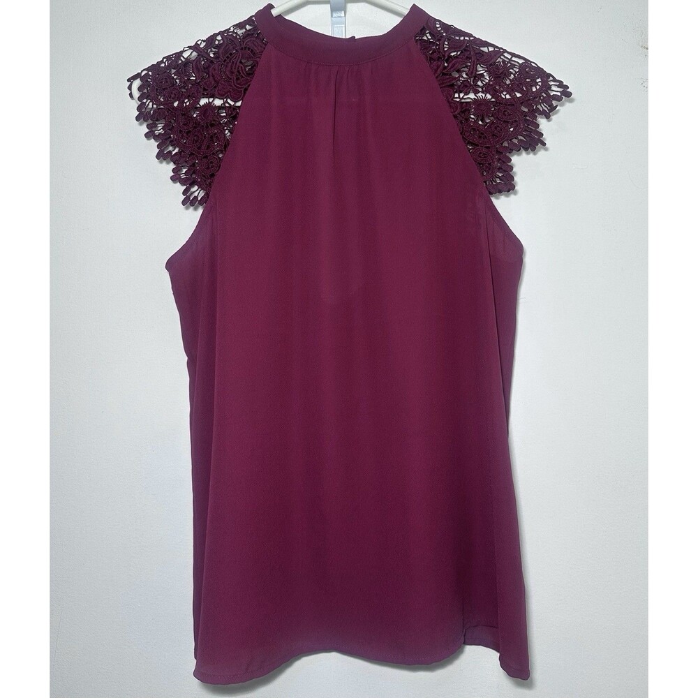 Express Lace Cap Sleeve Blouse Small Burgundy High Neck Keyhole Back Top - Picture 2 of 7